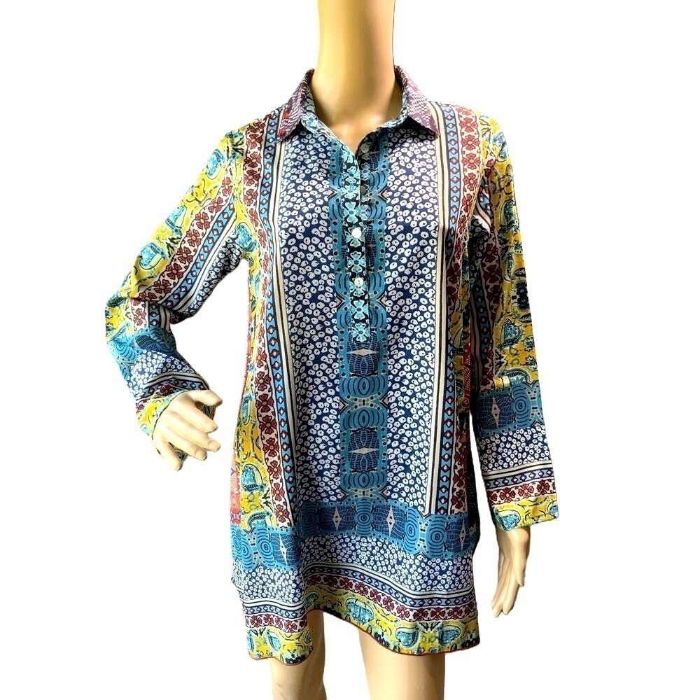 Love Kyla Womens Blue Patterned Long Sleeve Button Front Tunic Blouse Size XS